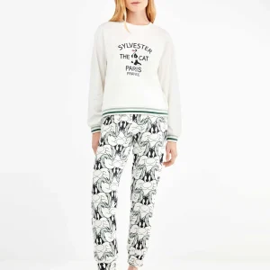 PIGIAMA DONNA GISELA CON STAMPA GATTO SILVESTRO IN CALDO COTONE