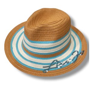 Cappello in Paglia a Righe con Logo in Paillettes – Naturale/Blu – Liu Jo