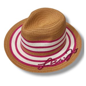 Cappello in Paglia a Righe con Logo in Paillettes – Naturale/Fucsia – Liu Jo