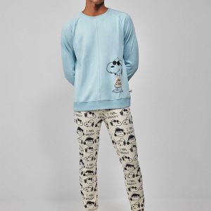 PIGIAMA UOMO GISELA IN CALDO COTONE SNOOPY MAGLIA CELESTE CON STAMPA E PANTALONE PANNA CON FANTASIA