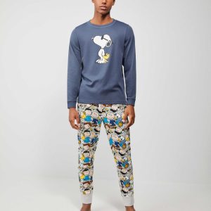 PIGIAMA UOMO SNOPPY GISELA IN CALDO COTONE MAGLIA BLU CON STAMPA E PANTALONE SUPER COLORATO A FANTASIA