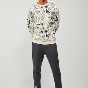 PIGIAMA UOMO LOONEY TONES IN CALDO COTONE CON MAGLIA PANNA A FANTASIA E PANTALONE NERO