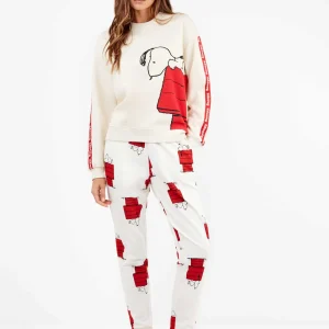PIGIAMA/TUTA DONNA GISELA IN PILE BIANCO E ROSSO CON STAMPA SNOOPY