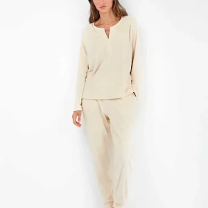 PIGIAMA DONNA GISELA IN PILE ELASTICIZZATO PANNA CON POIS IN LUREX ORO