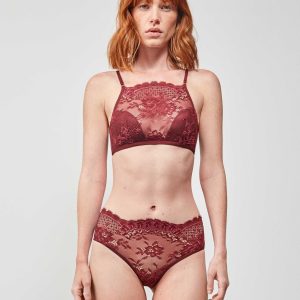 COMPLETO DONNA GISELA IN PIZZO BORDEAUX CON TOP E SLIP A VITA ALTA