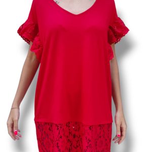 Blusa in Cotone con Inserti in Pizzo Macramè – Rosso Papavero – Twinset