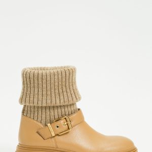 TWINSET 252LIP010 Stivaletti cammello con inserto in maglia