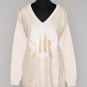 TWINSET BS71EE Maxi maglia crema con paillettes e stella